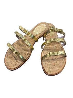 Johnson & Murphy - Gold Strappy Cork Slide Sandals, size 6.5